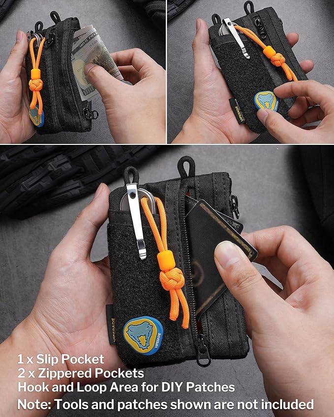 VIPERADE VE18-M EDC Pocket Pouch, Slim EDC Organizer with 3 EDC Slots+2 Zipper Pockets, 1 Large Pocket for Notebook or Cellphone, EDC Pouch for Men