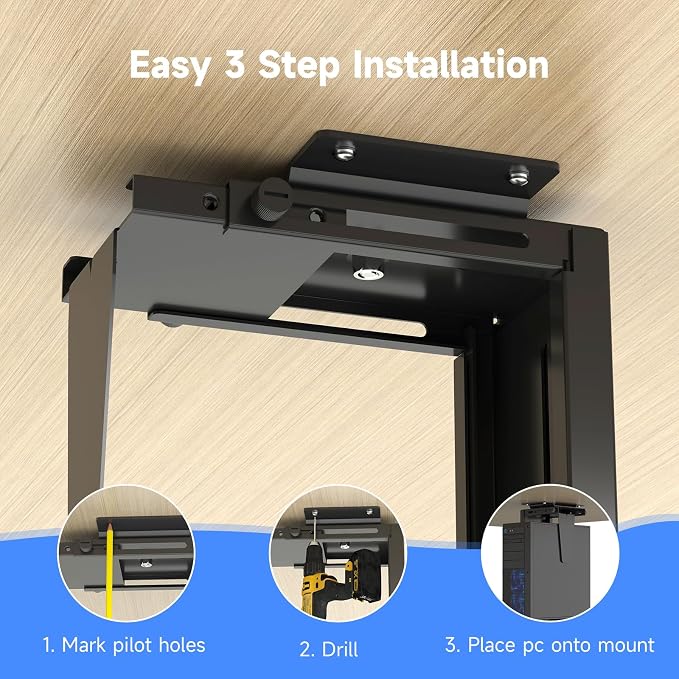 Suptek Adjustable Under Desk and Wall PC Mount,3.94 to 11.61 inch Wide Computer Case CPU Hanger Holder 360 Degree Rotatable Under-Desk PC Hanging Stand Holder Mount (ZJJ001XL)