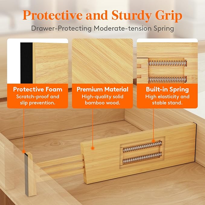 Lifewit 4" High 8 Pack Bamboo Drawer Dividers 31-40cm/12-16 Adjustable Wooden Drawer Organizer for Clothes/Utensils, Expandable Drawer Separator for Dresser/Kitchen/Bedroom/Office Organization