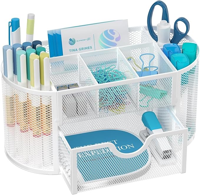 SUPEASY Mesh Desk Organizer, Desk Accessories & Workspace Organizers with Drawers, Pencil Holder for Desk with 9 Compartments for Office Suppliess, 8.6 x 4.3 x 4.1 Inch, White
