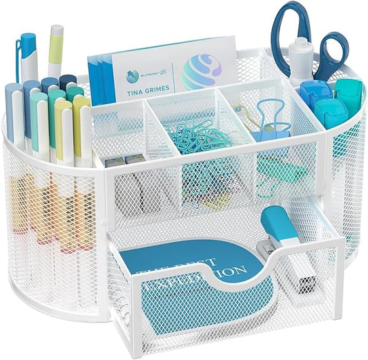 SUPEASY Mesh Desk Organizer, Desk Accessories & Workspace Organizers with Drawers, Pencil Holder for Desk with 9 Compartments for Office Suppliess, 8.6 x 4.3 x 4.1 Inch, White