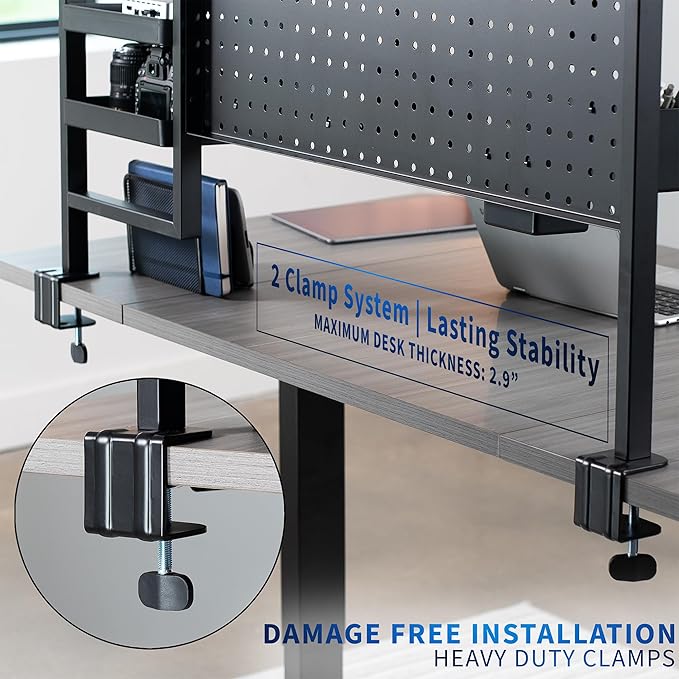 VIVO Steel Clamp-on 46 x 25 inch Desk Pegboard System with Storage Shelf and Accessory Trays, Multi-Purpose Office Organizer, Black, PP-PBSF46