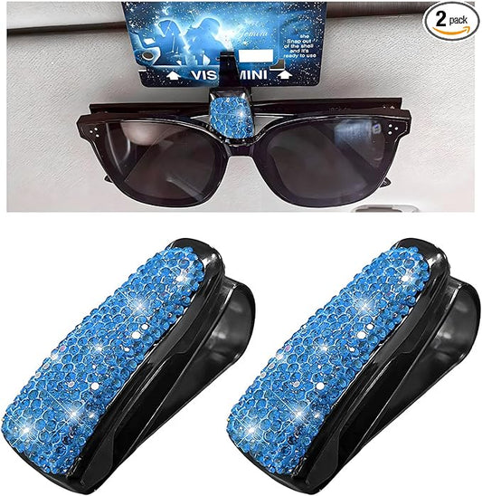 Dickno 2 PCS Bling Sunglasses Holder for Car Sun Visor, Crystal Rhinestones Eyeglasses Hanger Mount with Ticket Card Clip, Universal Vehicle Visor Decor Accessories for Women (Light Blue)