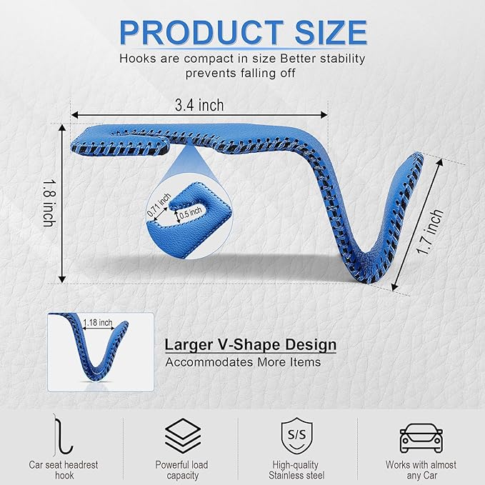 LivTee Blue Superior Leather Car Seat Back Headrest Hook, Auto Seat Hook Hangers Interior Accessories for Purse Coats Umbrellas Grocery Bags Handbag, 2-Pack