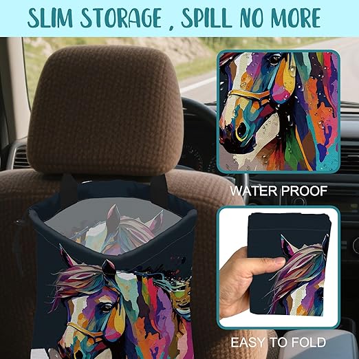 Car Garbage Bag Abstract Colorful Horse Drawstring Car Trash Bag Hanging for Back Seat with Adjustable Buckle Canvas Vehicle Trash Can Easy-to-Install