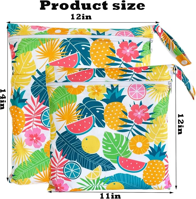 Wet Dry Bag for Cloth Diapers, 2PCS Waterproof Reusable Wet Bag with Zippered Pockets, Washable, Reusable for Travel, Beach, Pool, Stroller, Diapers, Dirty Gym Clothes, Swimsuits, 14x12In & 12x11In