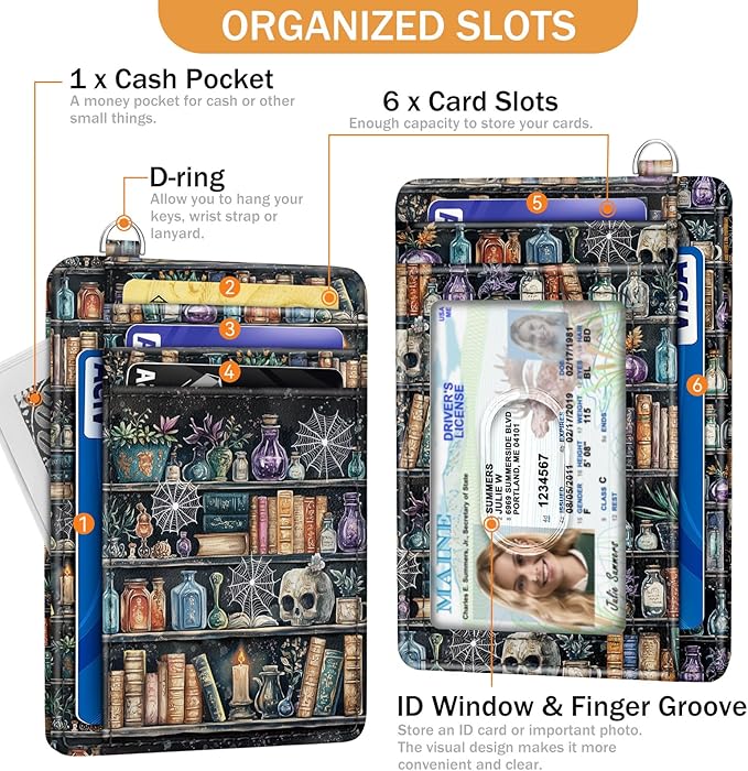 Yonlevres Goth Bookshelf Credit Card Holder RFID Wallet Women, Slim Wallet Front Pocket Small Card Holder, Funny Skull Gothic Case Organizer with ID Window PU Leather Witchy Gifts for Woman Girls