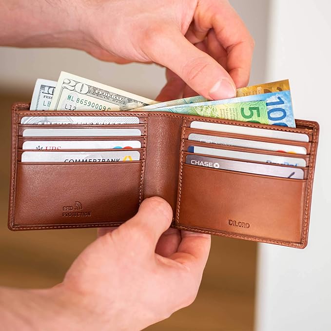 DiLoro Mens Wallet Full Grain Genuine Leather Slim Minimalist Front Pocket Bifold Soft Nappa RFID Protection (Tan)