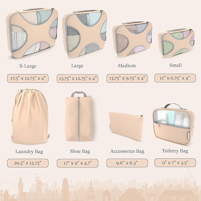 Shacke Packing Cubes for Travel 8 Set - Premium Luggage Organizer Bags - Versatile Travel Organizer for Women and Men - Optimized Packing Bags - Travel Essentials (Nude Biege)