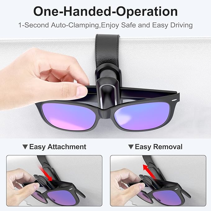 Veharvim Sunglass Holder for Car (2 Pack, One-Handed Operation, Gentle & Secure Hold, Silicone Padded, Universal Fits Sunglass and Car Visor) - Sunglasses Clip for Car Visor (Black & Silver, 4 Pack)