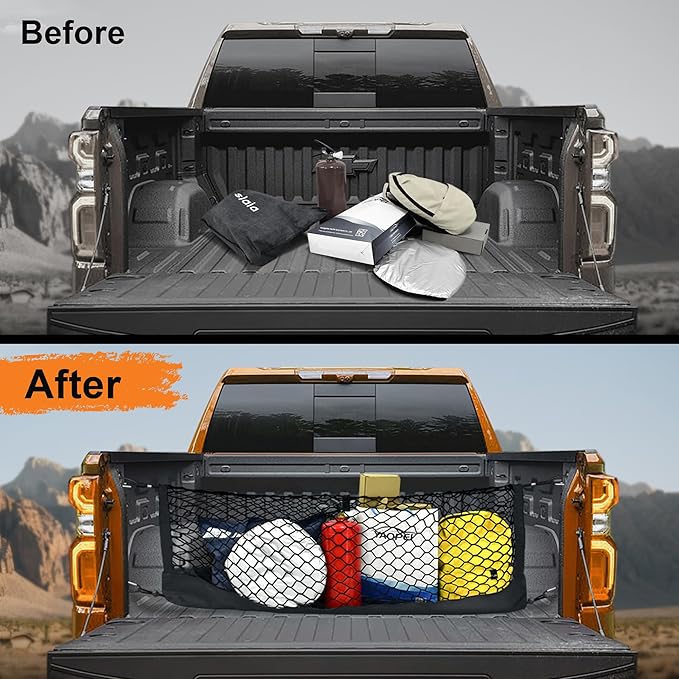 Truck Bed Cargo Net for GMC Sierra 1500 & Chevy Silverado 1500 2013-2024, Envelope Style Pickup Cargo Net with Storage Bag, Heavy Duty Elastic Mesh Organizer with Carabiners, Secures Groceries & Gear