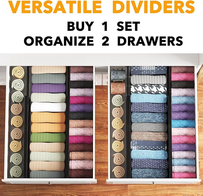 SpaceAid Bamboo 4 Pack Dresser Drawer Dividers, 4.65??High Adjustable 17??22??Drawer Organizers, Expandable Organization for Clothing, Clothes, Dressers, Black