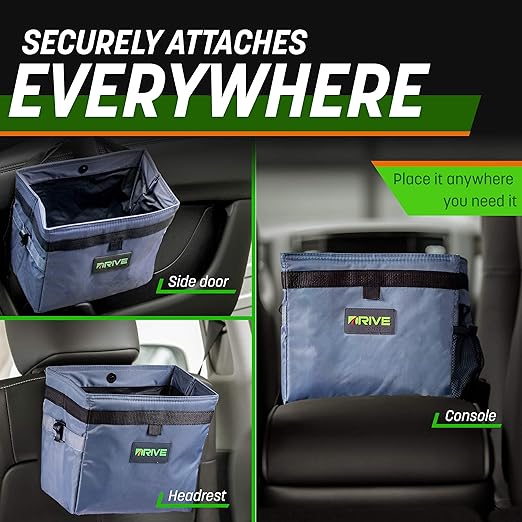 Drive - Car Trash Can - Collapsible, Leakproof Garbage Bin with Adjustable Strap and 20 Trash Bags - Car & Truck Accessories for Men and Women - Grey with Lid
