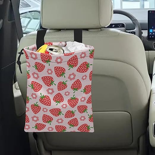 Car Trash Bag Strawberry Flower Car Garbage Bag Hanging Car Trash Can for Back Seat with Drawstring