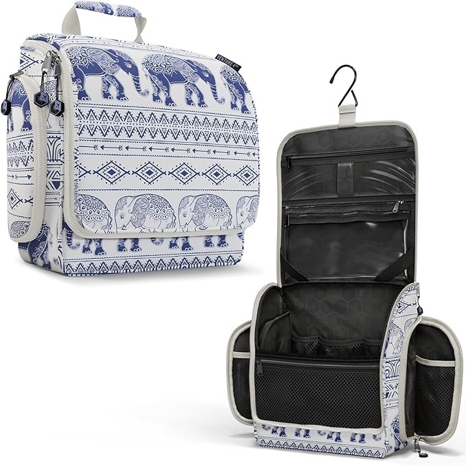VENTURE 4TH Hanging Travel Toiletry Bag for Women & Men – Large Toiletry Organizer with 17 Compartments, Removable TSA Pouch, Travel Wash Bag for Toiletries, Makeup & Shaving Kit (Blue Elephant)