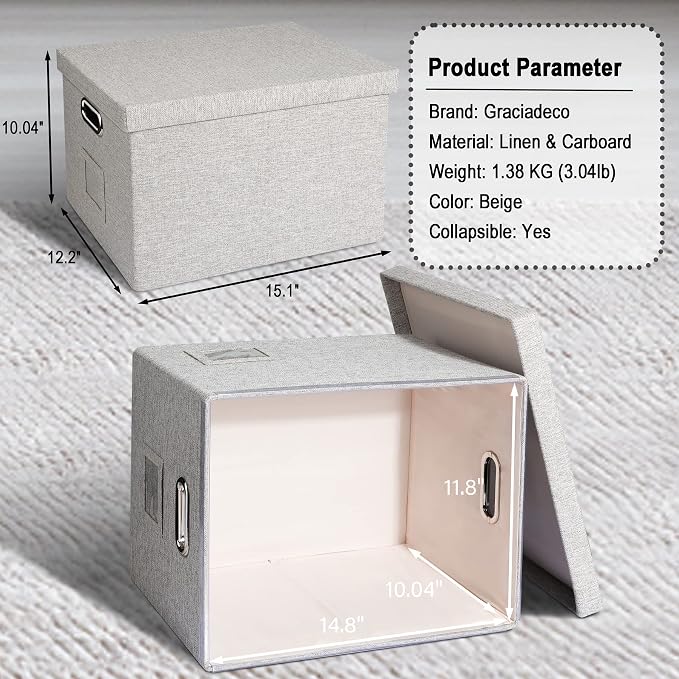 Graciadeco File Organizer Box, Collapsible Storage Filling Collectior with Lid for Letter Legal Size Hanging Folders Decorative Linen File Folder Box Document Storage Filing Bin, Beige 2 Pack