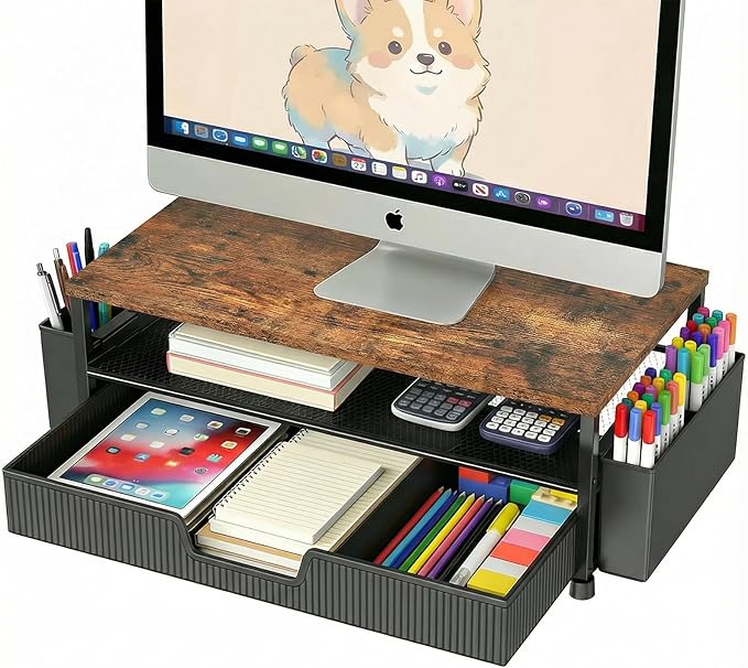 ECOLOVI Desk Organizer and Accessories, 2-Tier Computer Monitor Stand Rise with Storage Drawer & 2 Pen Holders, Laptop & Printer Stand for Desktop, Workspace Organizers for Office Supplies (Brown)