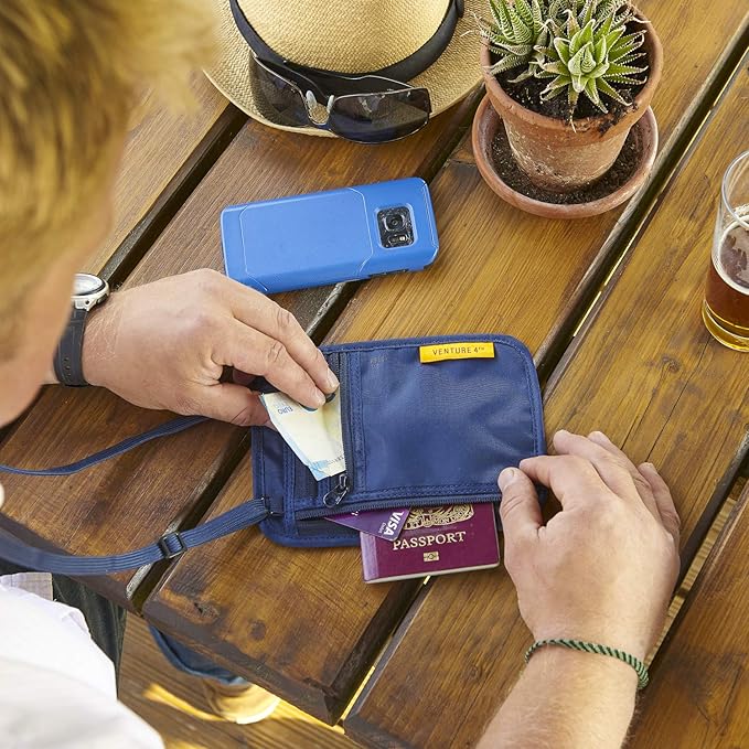 VENTURE 4TH Slim Passport Holder Neck Pouch with RFID Blocking Travel Neck Wallet and a Nylon Lining (Navy)