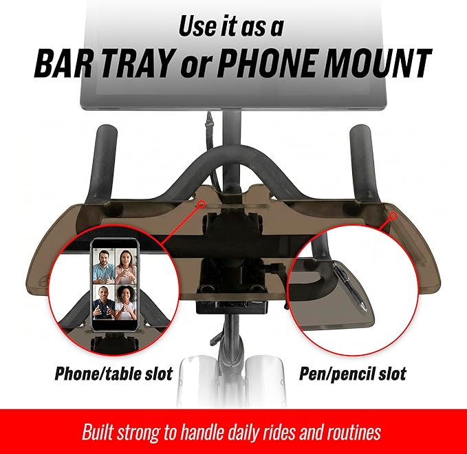 TFD The Tray V2 for Peloton Bike Original Models, Flat Acrylic Desk Tray with Phone and Pen Holders, Laptop and Tablet Tray for Work, Reading, or Viewing While Riding, Dark