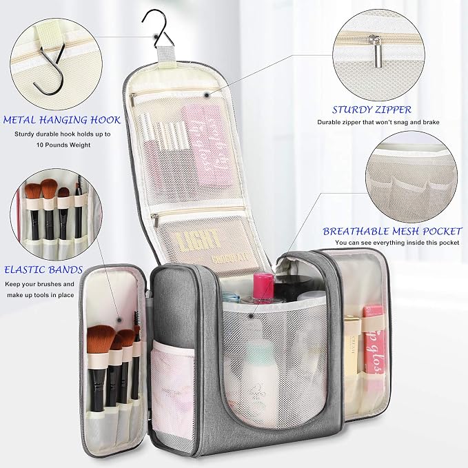 Freegrace Extra Large Hanging Toiletry Bag for Men and Women - Water-Resistant Nylon Travel Bathroom Organizer for Cosmetics, Makeup, and Toiletries