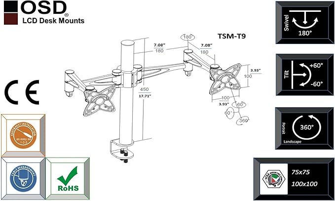 OSD Audio TSM-T9 Home and Office Dual Arm Desk Mount for Dual 13-inch to 23-inch Monitors