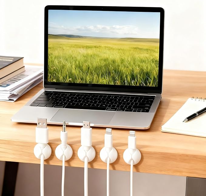 Desk Cord Cable Holder Clips, Adhesive Charging Cord Wire Organizer Keeper Holder for Nightstand, Desk, Office or Mouse with 1 Power Strip Holder