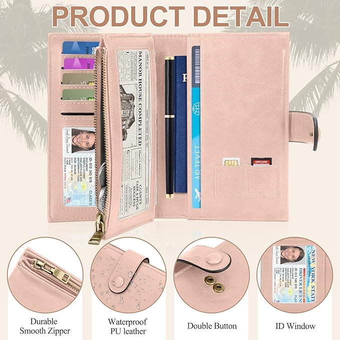 BKNOOU RFID Passport Holder Travel Wallet for Women, Compact Travel Passport Wallet with Zippered Coins Pocket, Leather Passport Cover Travel Wallet for Travel Essentials