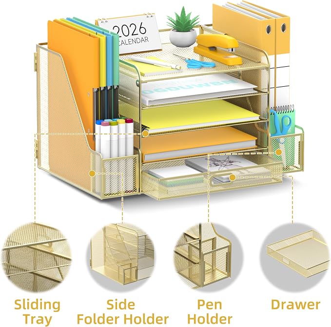 SUPEASY Mesh Desk Organizer with File Holder, 5-Tier Paper Letter Tray Organizer with Magazine Holder, Desktop Organizer and Storage with Drawer for Office Supplies Home or School (Golden)