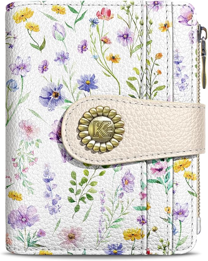 Kelvoris Flowers Floral Small Rfid Women Wallet Bifold Zipper Coin Pocket PU Leather Compact Cash Credit Card Holder Travel Wallet for Female Ladies Teen Girls 1 ID Window 10 Card Slots