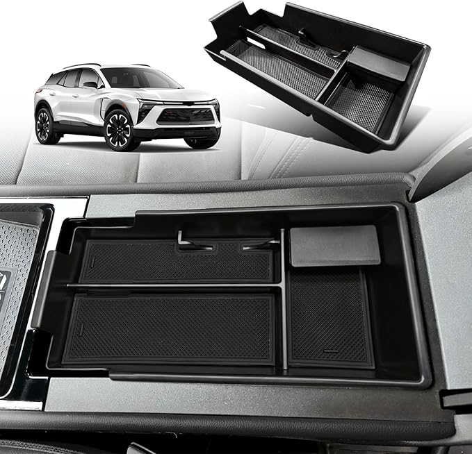 BestEvMod Center Console Organizer Tray Compatible with Chevy Blazer EV 2026 2025 2024 2023 Interior Accessories Armrest Storage Box ABS Material with PVC Trim & Removable Coin Holder (Black)