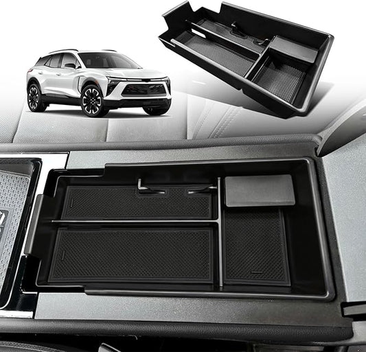 BestEvMod Center Console Organizer Tray Compatible with Chevy Blazer EV 2026 2025 2024 2023 Interior Accessories Armrest Storage Box ABS Material with PVC Trim & Removable Coin Holder (Black)