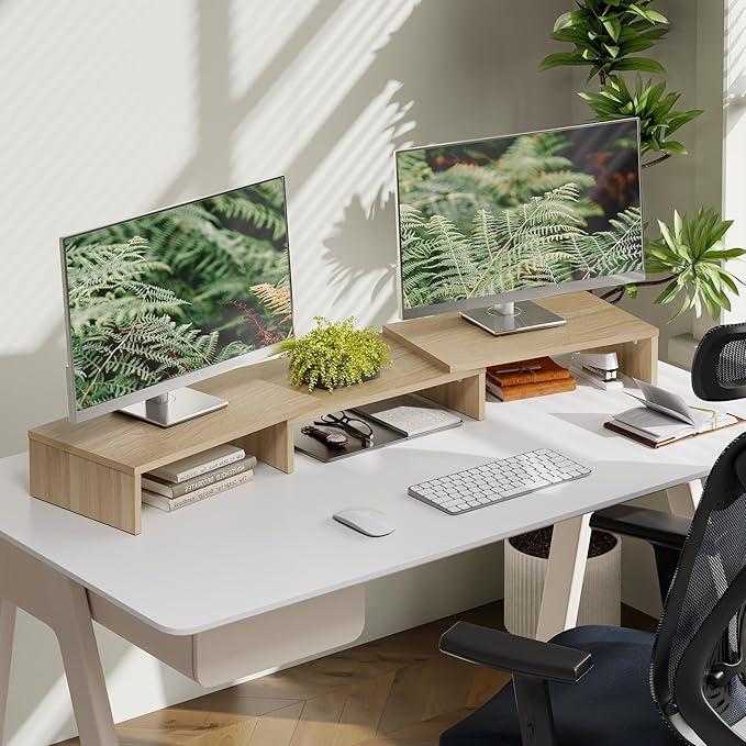 FITUEYES Dual Monitor Stand – 3 Shelf Computer Monitor Riser, Wood Desktop Stand with Adjustable Length and Angle, Desk Accessories, Office Supplies Medium Oak, DT108006WO