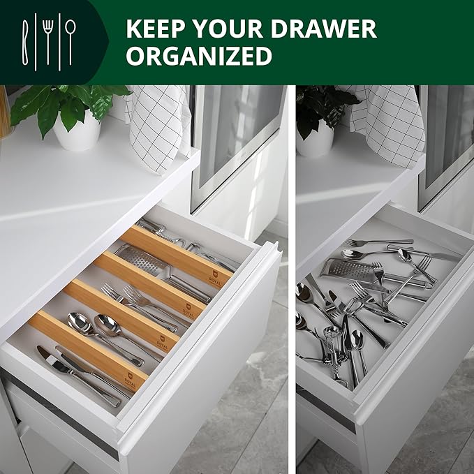 Bamboo Drawer Dividers Organizers, Adjustable Drawer Separator Splitters, 17–22 Inches Expandable Drawer Divider Organizer for Large Utensils, Kitchen, Bedroom, Dresser & Office Drawers 4-Pack