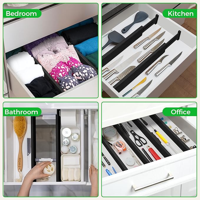 4 Pack Bamboo Drawer Dividers Organizer with Inserts 2.6'' High, Expandable from 12.5-21.7", Adjustable Drawer Organizer Separators for Utensils, Clothing, Office, Dresser, Bedroom, (Black)