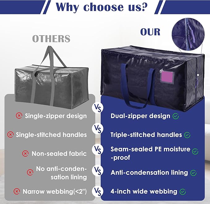 6 Pack Moving Bags Heavy Duty 210GSM with Full-Open Side Zipper, 93L 65lbs Waterproof Foldable Storage Totes for College Dorm Move-In, Moving Boxes Alternative & Home Organization, Blue