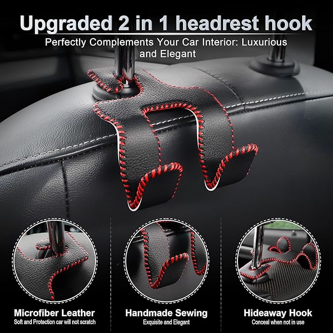 LivTee Upgraded Superior Leather Car Seat Back Headrest Hook, 2 in 1 Auto Seat Hook Hangers Holder Organization Interior Accessories for Purses Coats Umbrellas Grocery Bags Handbag (Black/Red)