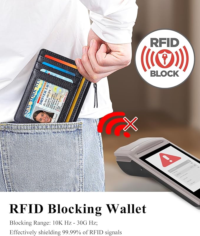 Teskyer Slim Card Holder Wallet with Zip Pocket, RFID Blocking, Total 9 Compartments Large Capacity, 3.5" x 4.7" (Slight Larger Than Usual), Faux Leather - Black