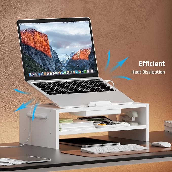 Adjustable Wood Laptop Stand, Ergonomic Height Angles Computer Holder Riser for Desk Compatible with Air, Pro, Dell, HP, Lenovo More 10-17.3" Laptops, White