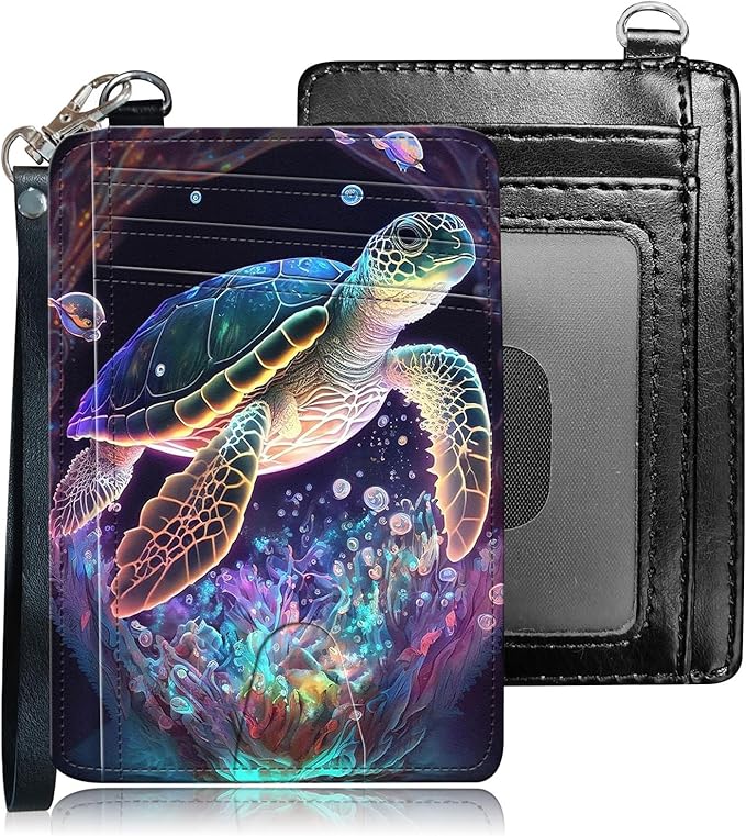 Slim RFID Blocking Card Holder Wallet with Wrist Strap - Minimalist Front Pocket Wallet, Sea turtle 02 Design, PU Leathe, for Men & Women, Ideal for Travel & Gifts