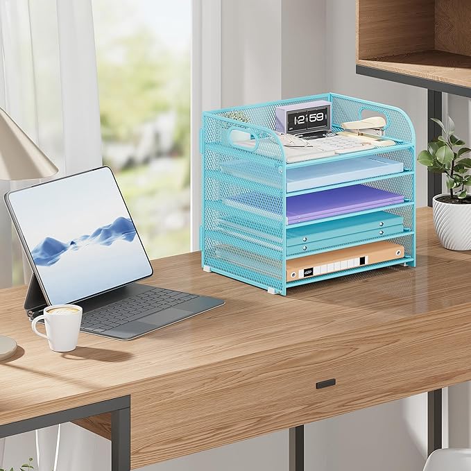 Cawukege 2 Pack 5 Tier Paper Organizer, Letter Tray with Handle, Mesh Desk Organizer, Metal File Organizer, Office Desk Accessories for Home, Office, Classroom, School -Blue