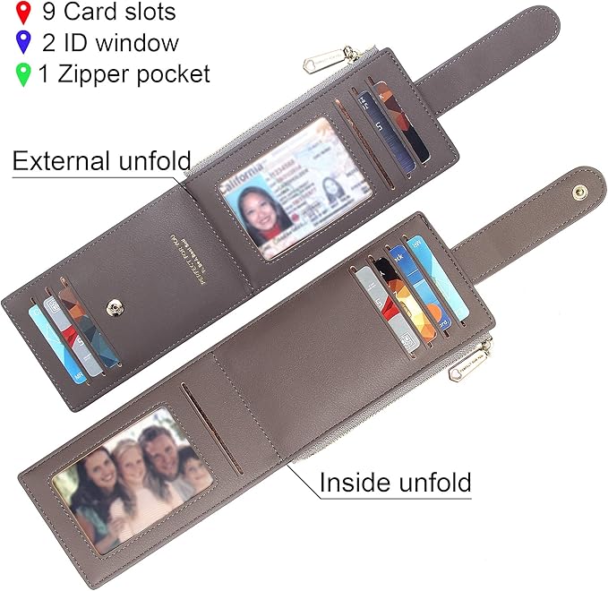 Badiya Slim Women Wallet RFID Blocking Bifold Compact 9 Card Slots Holder Wallets Soft Leather with Zipper Coin Pocket 2 ID Window