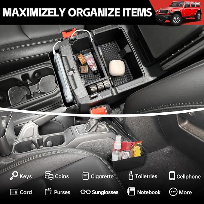 Center Console Gear Shift Organizer Fit for 2018-2025 Jeep Wrangler JL JLU 4XE/Gladiator JT Center Console Armrest Storage Hanging Tray for Wrangler&Gladiator(3-piece Center Console Organizer)