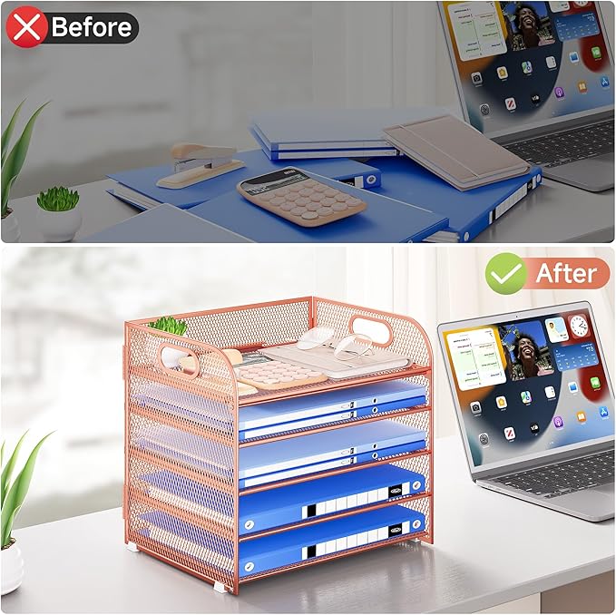 Paper Organizer Letter Tray with Handle Mesh 5 Trays Desk File Organizer Paper Sorter Desk Organizer for Office, Home or School-Rose Gold
