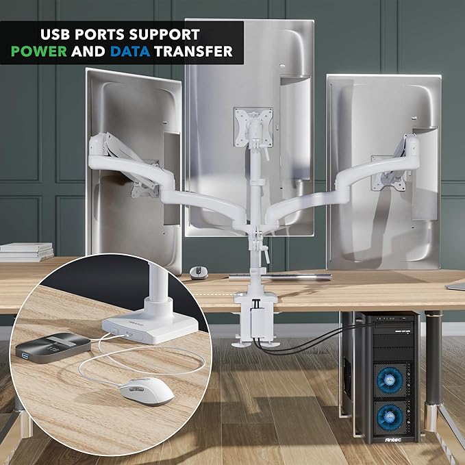 Mount-It! Triple Monitor Mount, 3 Monitor Desk Mount, Gas Spring Arms, Fits 13??7" Screens, VESA 75 & 100, Clamp or Grommet, USB-A & USB-C, White