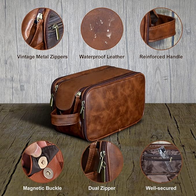Personalized Leather Toiletry Bag for Men, Large Capacity Toiletry Travel Bag, PU Leather Waterproof Shaving Bag, Travel Essentials Customized Gifts for Husband, Groomsmen, Father's Day