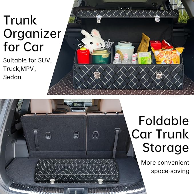 Car Trunk Organizer with Lid,Foldable Faux Leather Cargo Storage Box,3 Compartments,Collapsible Multi-Functional for SUV,Sedan,Vehicle Trunk