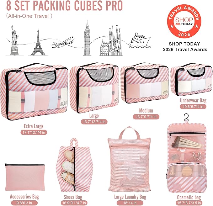 8 Set Packing Cubes for Travel Essentials, Suitcase Organizer Bags in 4 Sizes, Carry-On Luggage Accessories with Laundry Bag, Airplane Must Have, Gifts for Women Men