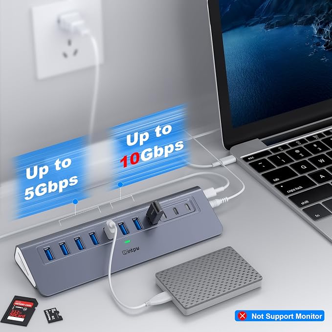 Powered USB Hub 10Gbps, Intpw YH9AC Plus 13 Port USB 3.2 Hub(USB A/USB C 3.2+6 USB-A 3.0+2 PD 45W Fast Charging Port+SD/TF Card Reader), 65W Power Adapter,Aluminum USB HUB for PC,Laptop,iPhone 17/16