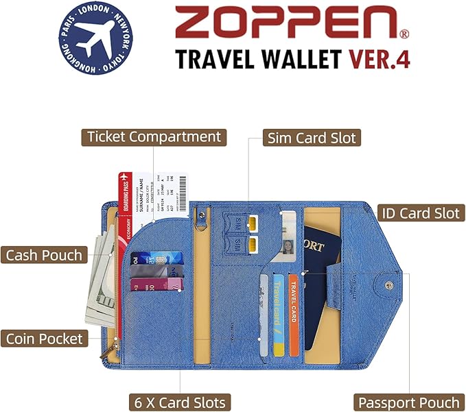 ZOPPEN Mulit-purpose Rfid Blocking Passport Holder Travel Wallet (Ver.4) Passport and Vaccine Card Holder ComboTri-fold Document Organizer Travel Essentials