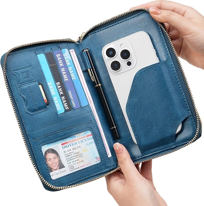 GOIACII Passport Wallet Travel Crossbody Bags for Women Wristlet Phone Purse Double Zip Vegan Leather Blue